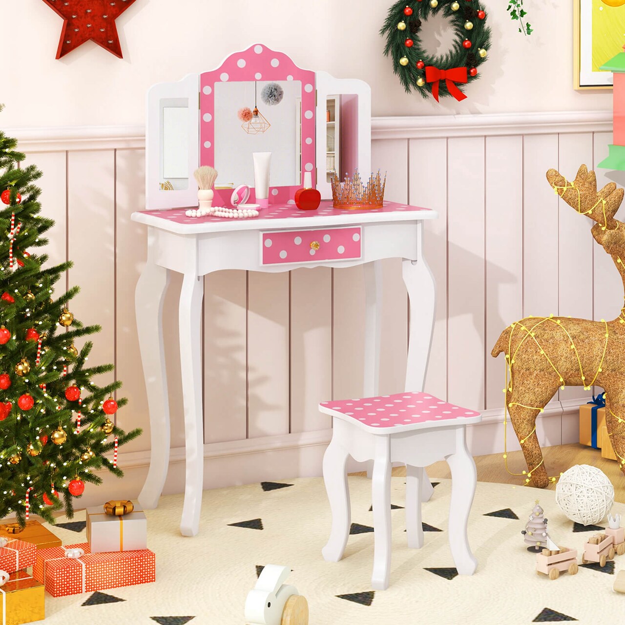 Costway Kids Vanity Table & Stool Set with Cute Polka Dot Print Tri-folding Mirror Drawer Pink&White/Light Pink&White/Pink&Black/Blue/Pink